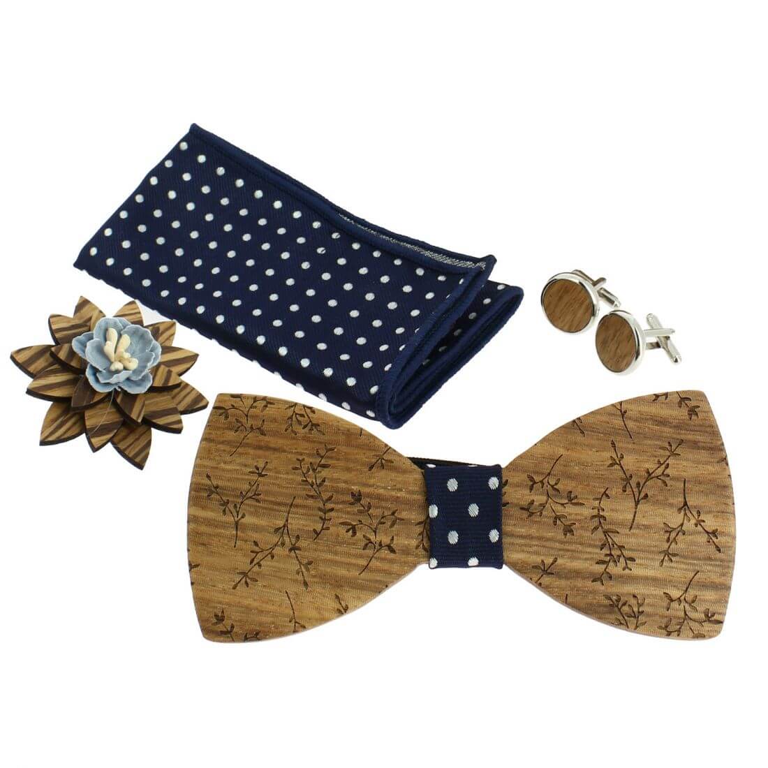 Coffret Feuilles du Japon, Marine à pois, Noeud papillon en bois et 3 accessoires.