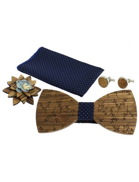 Coffret Feuilles du Japon, Bleu Marine et points argentés, Noeud papillon en bois et 3 accessoires.