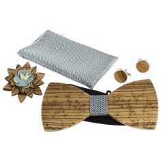 Coffret Feuilles du Japon, Gris Taupe, Noeud papillon en bois et 3 accessoires. Tony & Paul