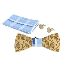 Coffret Feuilles gravées Carreaux bleus, Noeud papillon en bois, pochette et boutons de manchette Tony & Paul