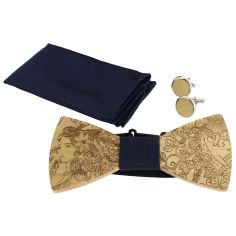Coffret Nymphes Dryades, Bleu Marine, Noeud papillon en bois, pochette et boutons de manchette Tony & Paul