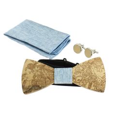 Coffret Nymphes Dryades, Bleu Jeans, Noeud papillon en bois, pochette et boutons de manchette Tony & Paul