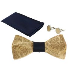 Coffret Paisley 3D, Bleu Marine, Noeud papillon en bois en relief, pochette et boutons de manchette Tony & Paul