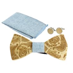 Coffret Paisley 3D, Bleu Jeans, Noeud papillon en bois en relief, pochette et boutons de manchette Tony & Paul