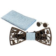 Coffret Fleurs 2D, Bleu Jeans, Noeud papillon en bois sculpté creusé, pochette et boutons de manchette Tony & Paul