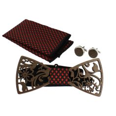 Coffret Fleurs 2D, Pied de poule noir et rouge, Noeud papillon en bois sculpté creusé, pochette et boutons de manchette Tony ...