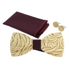 Coffret coeur de rose, Bordeaux, Noeud papillon en bois, pochette et boutons de manchette Tony & Paul