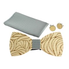 Coffret coeur de rose, Gris clair, Noeud papillon en bois, pochette et boutons de manchette Tony & Paul