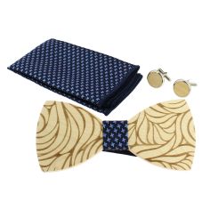 Coffret coeur de rose, Pied de poule marine et bleu, Noeud papillon en bois, pochette et boutons de manchette Tony & Paul