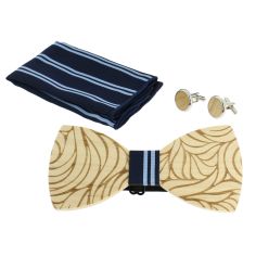 Coffret coeur de rose, Rayures marine et bleues, Noeud papillon en bois, pochette et boutons de manchette Tony & Paul