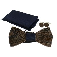 Coffret Fleurs 3D, marine, Noeud papillon en bois foncé en relief, pochette et boutons de manchette Tony & Paul