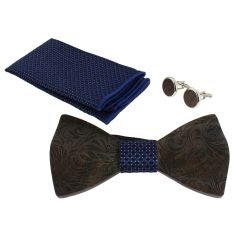Coffret Fleurs 3D, Marine à points argentés, Noeud papillon en bois foncé en relief, pochette et boutons de manchette Tony & ...