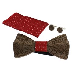 Coffret Fleurs 3D, Rouge, Noeud papillon en bois foncé en relief, pochette et boutons de manchette Tony & Paul