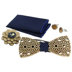 Coffret Cercles, Marine à points bleus, Noeud papillon en bois et 3 accessoires. Tony & Paul