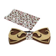 Coffret Moustache Noeud papillon en bois et pochette Liberty rose et blanc Tony & Paul