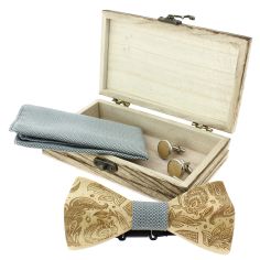 Coffret Paisley 3D, gris, Noeud papillon en bois en relief, pochette et boutons de manchette Tony & Paul 2