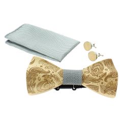 Coffret Paisley 3D, gris, Noeud papillon en bois en relief, pochette et boutons de manchette Tony & Paul