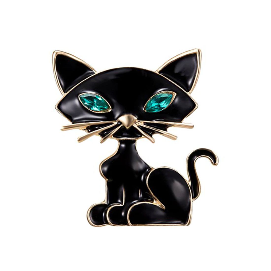 Broche chat noir aux yeux bleus - Strass et émaillé