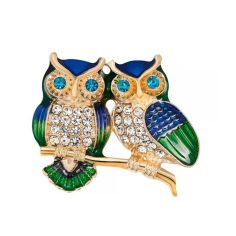 Broche couple de hiboux bleus - Strass et émaillée Clj Charles Le Jeune