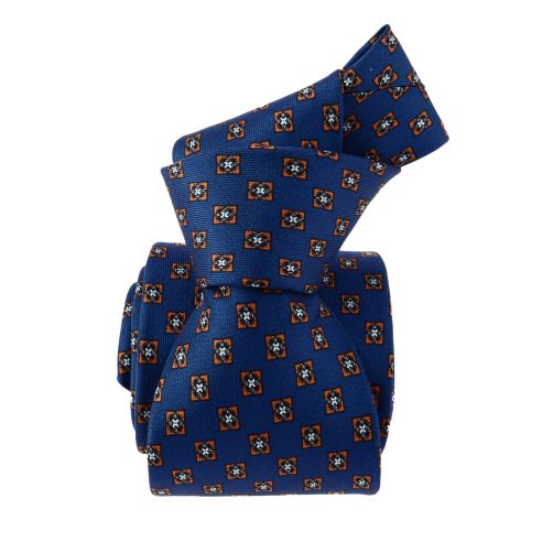Cravate 3 plis en soie, Paris XVI - Bleu et carrés orange , Tony et Paul et Atelier Boivin Paris