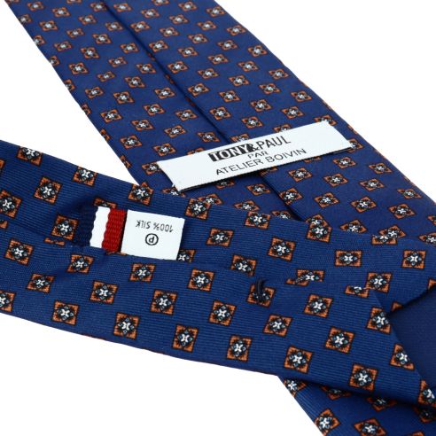 Cravate 3 plis en soie, Paris XVI - Bleu et carrés orange , Tony et Paul et Atelier Boivin Paris Tony & Paul