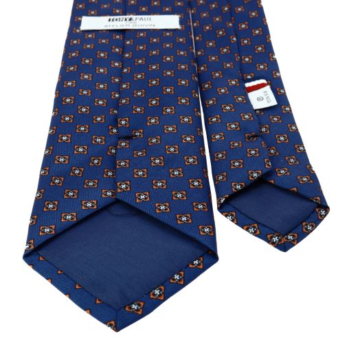 Cravate 3 plis en soie, Paris XVI - Bleu et carrés orange , Tony et Paul et Atelier Boivin Paris Tony & Paul