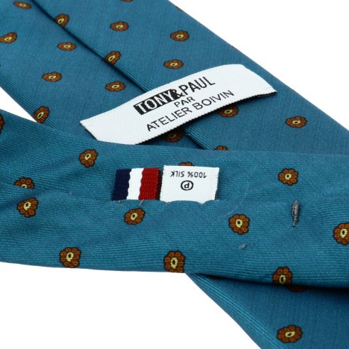 Cravate 3 plis en soie, Clichy - Bleu Turquoise et fleurs, Tony et Paul et Atelier Boivin Paris Tony & Paul