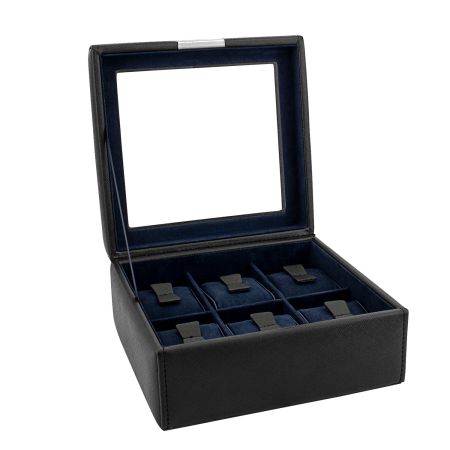 Ecrin 6 montres, Bond V2, noir, intérieur bleu, vitré Friedrich 23