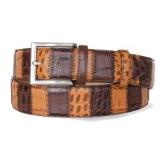 Ceinture cuir, Patchwork Lézard croco 35mm, Marron bords surpiqués Robert Charles