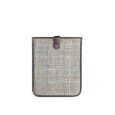 Housse Ipad Tweed Harris Bleu et orange, cuir brun Simon Carter