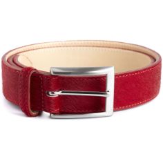 Ceinture Simon Carter Luxe, Cuir Poney rouge, jean Simon Carter